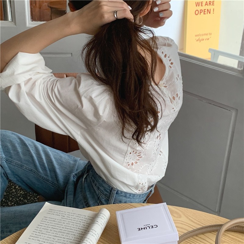 spring autumn women's White blouse Korean Chic style O neck Hollow Out shirt women outwear Long sleeve tops (G9225 210423