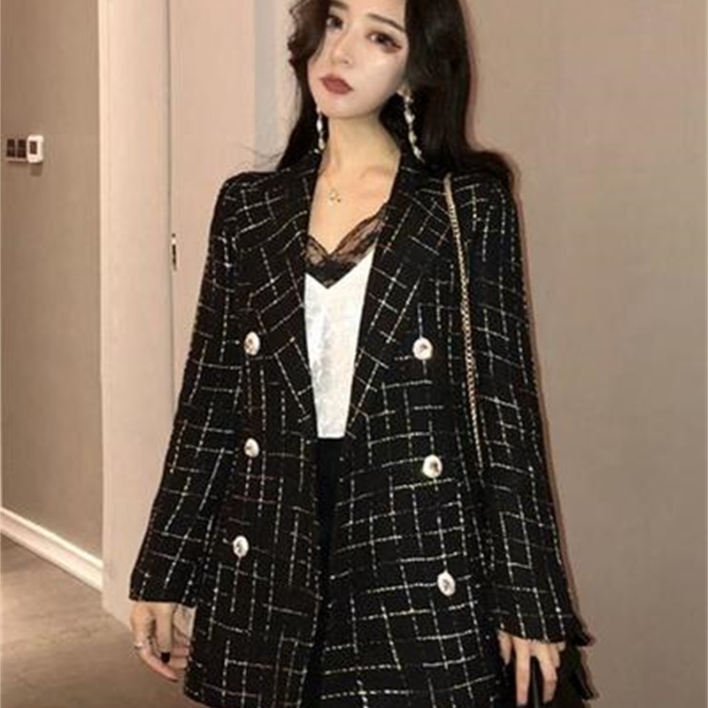 Vintage Plaid Tweed Jacket Women Spring Double Breasted Notched Pocket Jackets Long Sleeve Wool Outerwear 210519