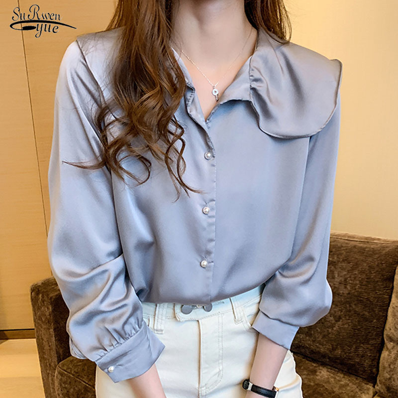 Autumn Long Sleeve Women' Shirts Solid Loose Cardigan Sweet Vintage Ruffled Silk Women Tops and Blouses 10690 210521, Blue 
Autumn Long Sleeve Women' Shirts Solid Loose Cardigan Sweet Vintage Ruffled Silk Women Tops and Blouses 10690 210521, Blue