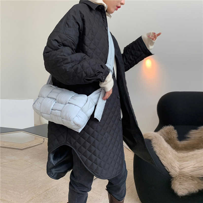 Winter Parka Thick Fashionable Silhouette Argyle Shirt Quilted Cotton Coat Female Oversize Thin Long Warm Jacket Women 211013