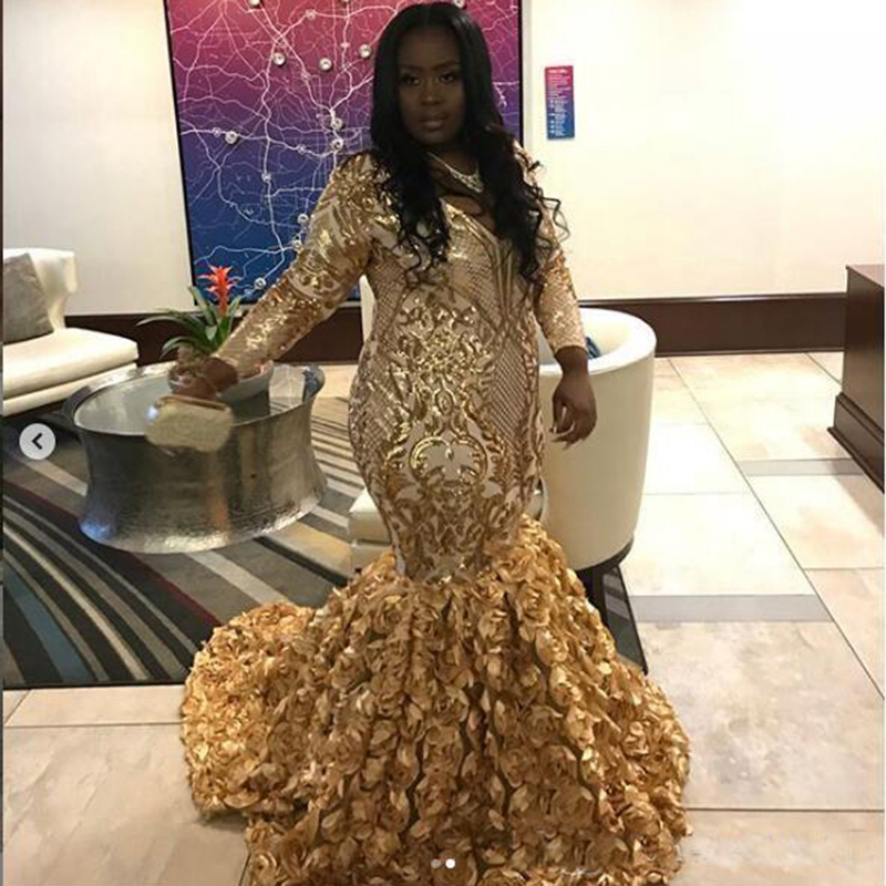 Gold Black Girls Plus Size Prom Dresses 2021 v Neck Sequin Applique Long Sleeves Rose Floral Skirt Special Occasion Gowns