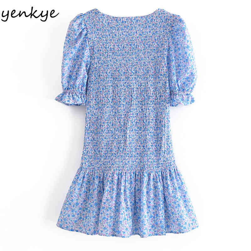 YENKYE Summer Women Blue Floral Print Dress Female Puff Sleeve Elastic Clothes Casual Slim Mini Vestido 210515