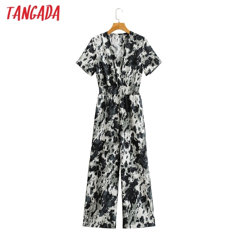 Women Tie Dye Print Chiffon Summer Short Sleeve with Slash Female Casual Jumpsuit 1F101 210416
