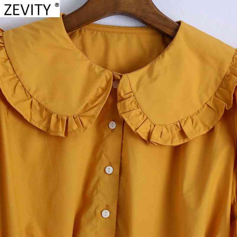 Women Sweet Agaric Lace Peter Pan Collar Solid Short Shirt Female Puff Sleeve French Style Blouse Roupas Chic Tops LS9197 210420