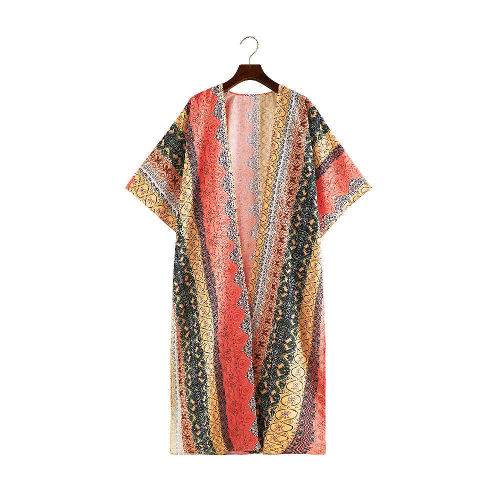 Boho Print Robes for Women Bathing Suit Cover-ups Plus Size Beach Wear Kimono Dress Summer Swimsuit Cover Up A795 210420