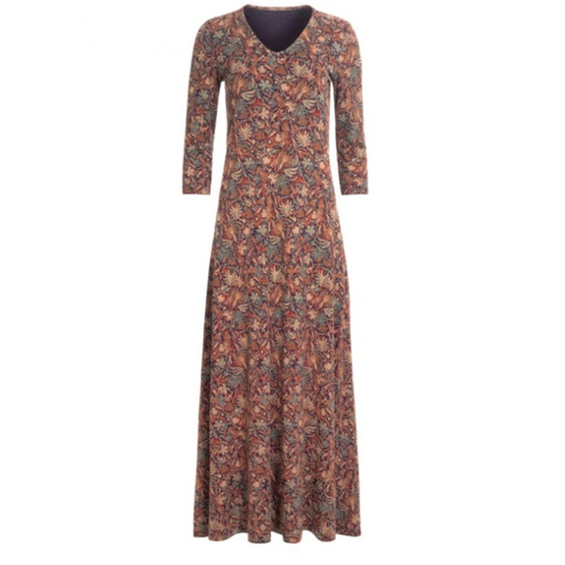 Fall Dresses for Women Long Sleeve Floral Print V-neck Fashion Bohemian Slim Maxi Dress Elegant Clothing New Arrival Spring 210409