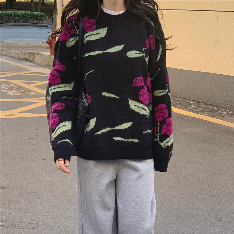 Vintage Print Elegant Loose Knitted Pullovers Embroidery Winter Sweater Women OL Outwear Tops Sweaters Female 210421