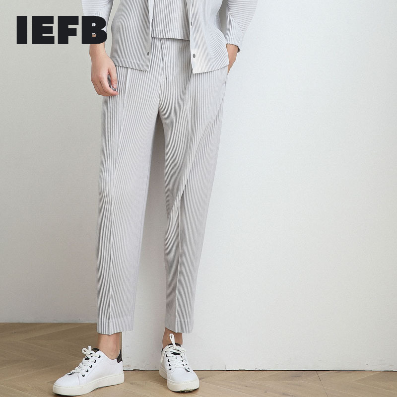 IEFB /men's wear autumn pleated trousers loose all-match ankle straight handsome casual pants male fashionable 9Y3848 JF147 210524