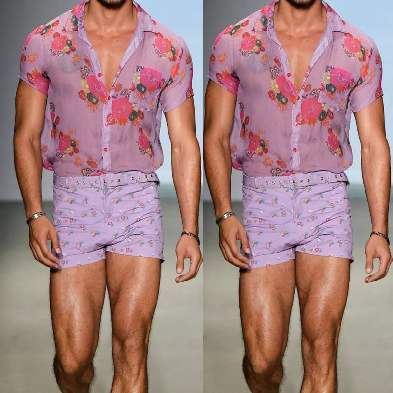 Floral Transparent Lace Sheer Shirt Men Sexy See Through Mens Dress Shirts Casual Short Sleeve Party Beach Holiday Chemise 220312