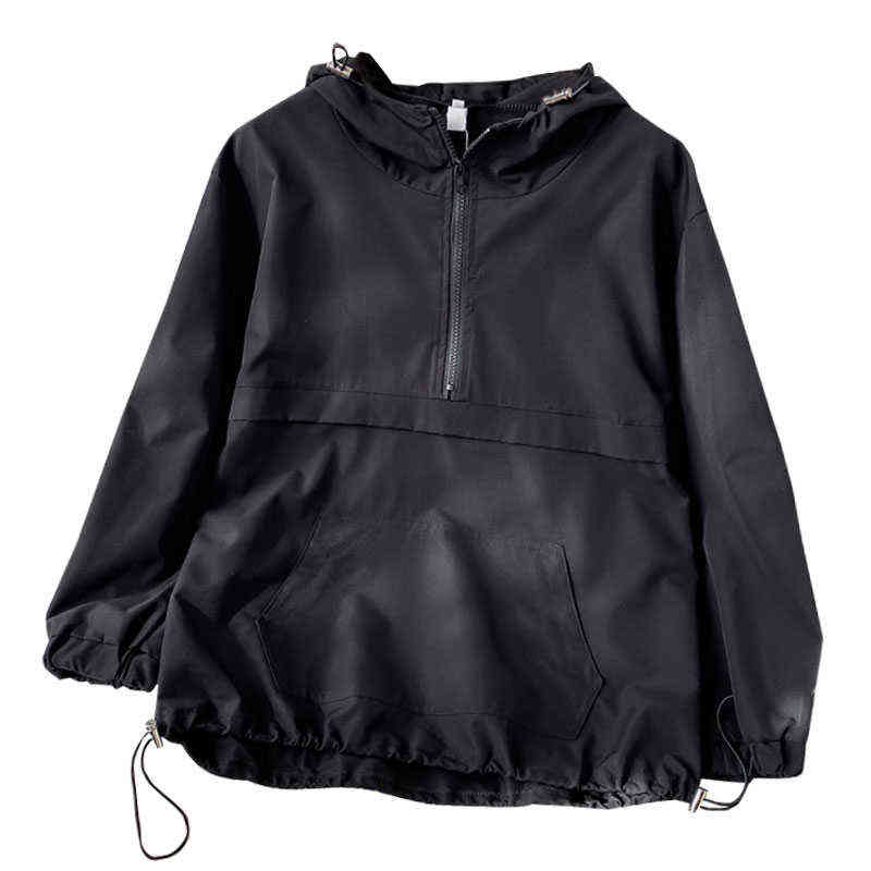 Spring Clothes Lazy Style Top Women's Black Half Zipper Hooded Sportswear 211109