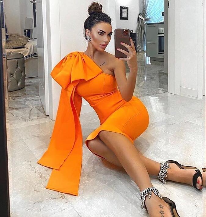 Winter Bodycon Bandage Dress 2021 Sexy One Shoulder Bow Tie Long Sleeve Orange Designer Fashion Evening Party Vestido Casual Dresses
