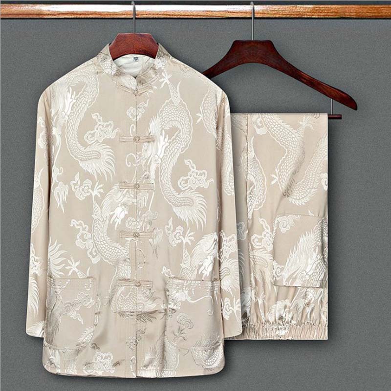 Tang Suit Shirt+Pants Shirt Mens Chinese Style Casual Shirts Men Kung Fu Uniform T-Shirt Mandarin Collar Long Sleeve Dragon 210524