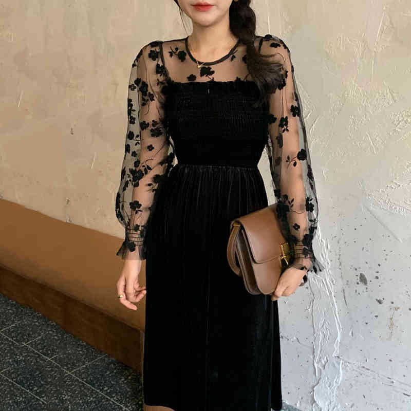 Elegant Black Velvet Dress Women Fashion Korean Chic Floral Mesh Sleeve Autumn Retro Vestidos Sexy Dresses 210519