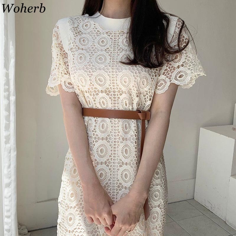 Women Lace Floral Crochet Dress Vestidos Summer Elegant Belt Robe Vintage Dresses Ladies Office Work Long Korean 210519