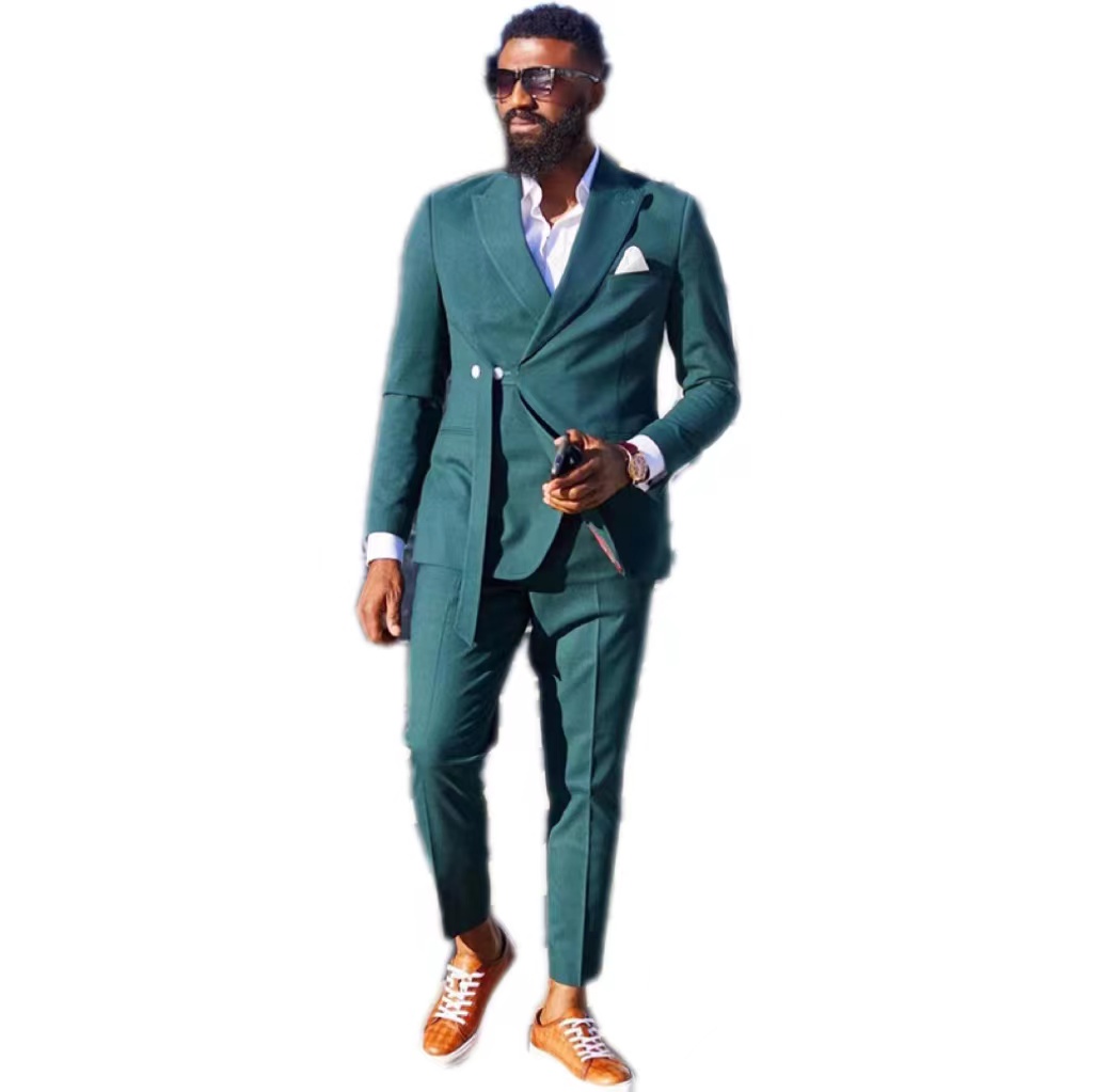 Veralove Green Men's Suit Peaked Lapel One Button Groom Tuxedos WIth Belt Wedding Suit for Men Set Custom Made(Jacket+Pants)