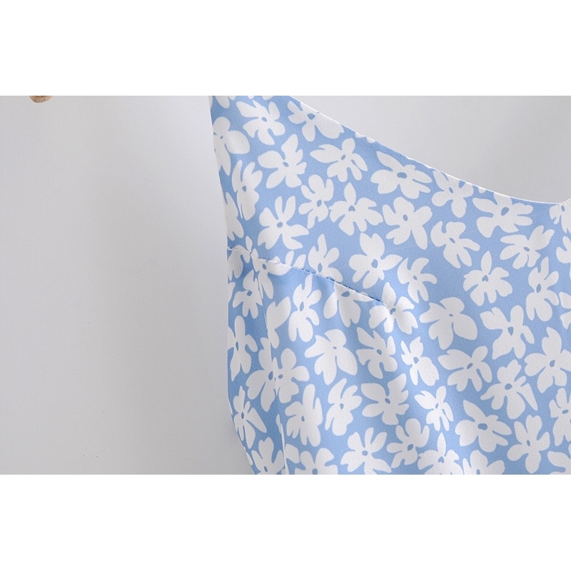 Summer Floral Print Backless Bow Knotted Blue Mini Dress Retro Sexy Women Lacing Up Back Sling Dresses Holiday 210429