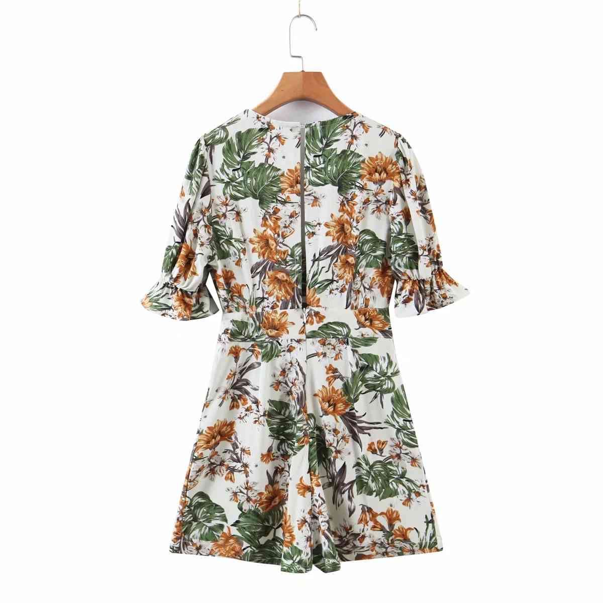 Foridol Deep V Neck Chiffon Romper Overall Puff Sleeve Wide Leg Summer Boho Playsuits Floral Print Green Short Jumpsuits 210415