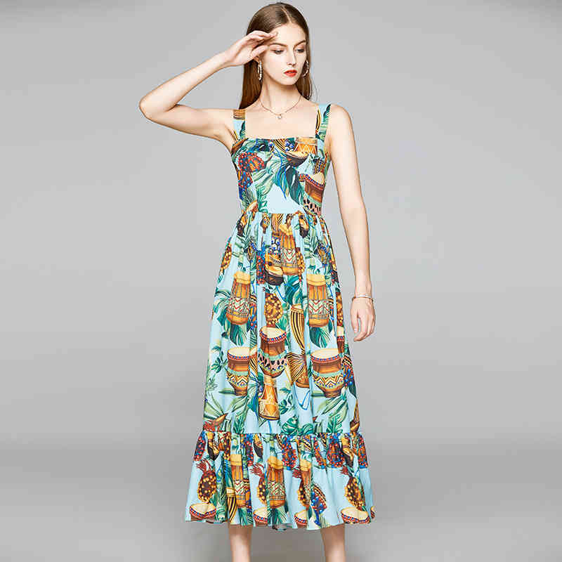 Fashion Runway Summer Beach Holiday Spaghetti Strap Long Dresses Women's Vintage Pattern Print Ruffles Dress 210506