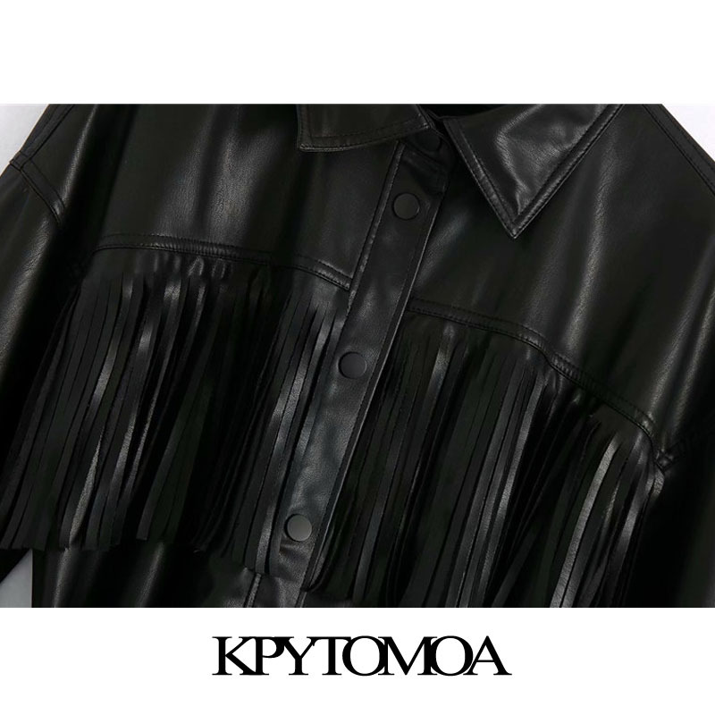 Women Fashion With Belt Tassel Faux Leather Jacket Coat Vintage Long Sleeve Snap-button Female Outerwear Chic Tops 210416