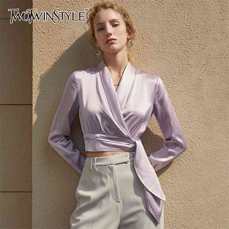 Purple Elegant Shirt For Women V Neck Long Sleeve Bandage Slim Short Blouses Female Spring Fashion Clothes 210524
Purple Elegant Shirt For Women V Neck Long Sleeve Bandage Slim Short Blouses Female Spring Fashion Clothes 210524