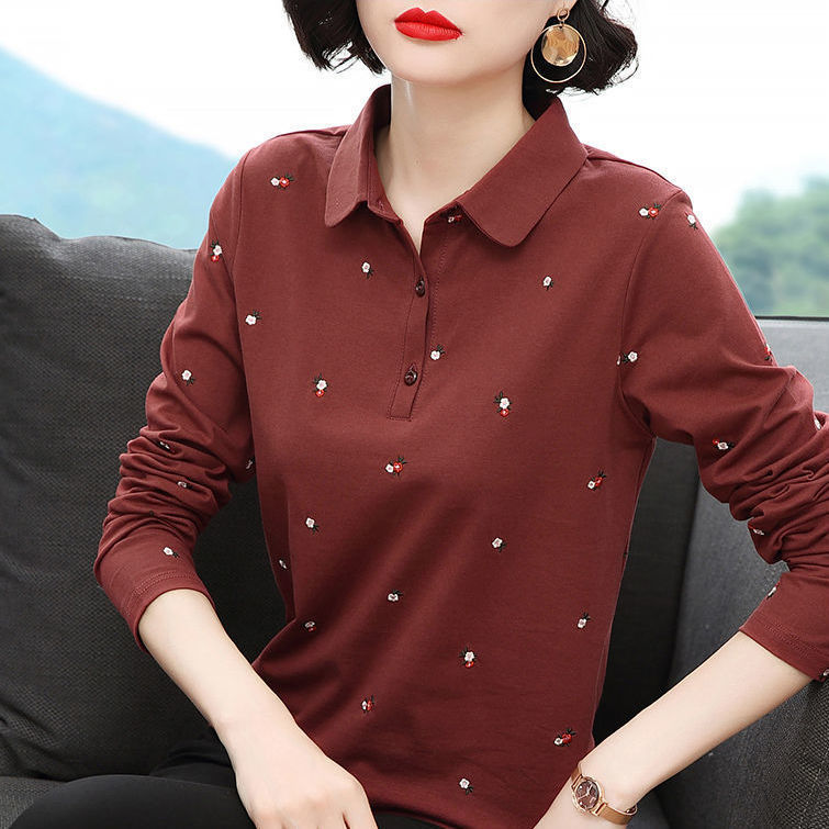 Cotton Long Sleeve T-shirts Women Spring Fashion Lapel Button Floret Embroidery Thin Polo Tshirt Ladies Loose Bottoming Tops 210522