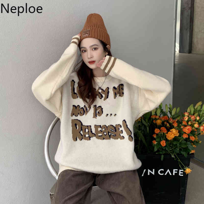 Neploe Letter Crochet Floral Knitwear Pullovers Oversized Outwear Knit Sweaters Women Fall Women BF Streetwear Jumper Coat 210422