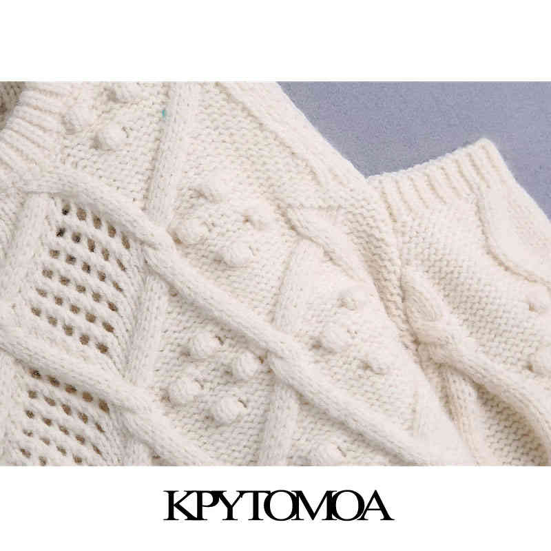 Women Fashion Bobble Appliques Hollow Out Knitted Sweater O Neck Long Sleeve Female Pullovers Chic Tops 210420