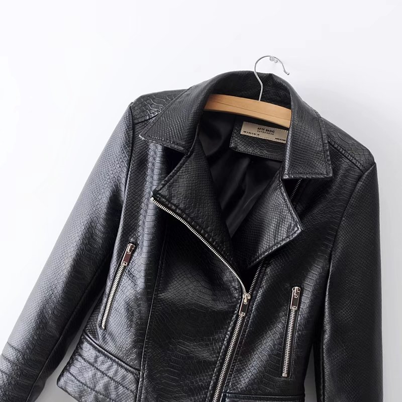 women's fashion snake zipper PU suit collar slim slimming locomotive female jacket coat black 210507