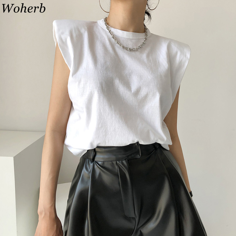 Women T Shirt Summer Korean Chic Shoulder Pads Flying Sleeve Tees Female Vintage Loose Black O Neck Slim Fit Tops 210519