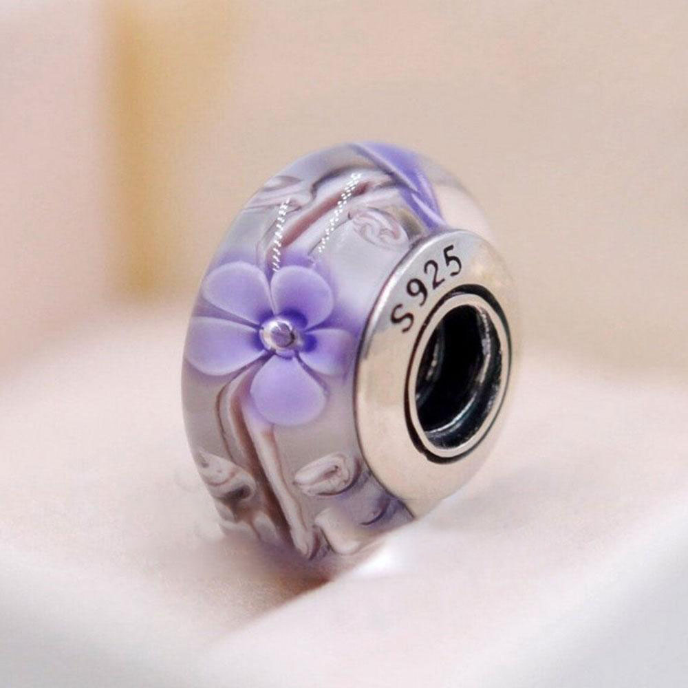 925 Sterling Silver Core Purple Flowers Murano Glass Beads Fit Style Jewelry Bracelets unique jewelry bracelet