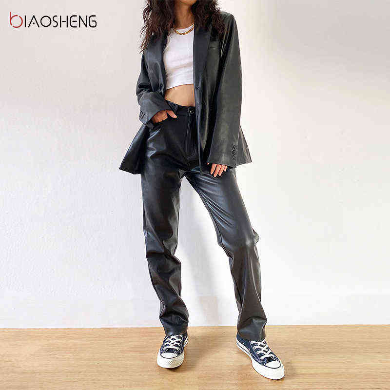 Cargo Pants Women Black Faux Leather High Waist Pockets Fashion Sexy Straight Trousers Streetwear 211115