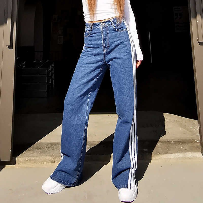 Casual Loose Side Stripes Split Straight Jeans Women Spring All-match Denim Pants Fashion Elegant High Waist Bottoms 210525