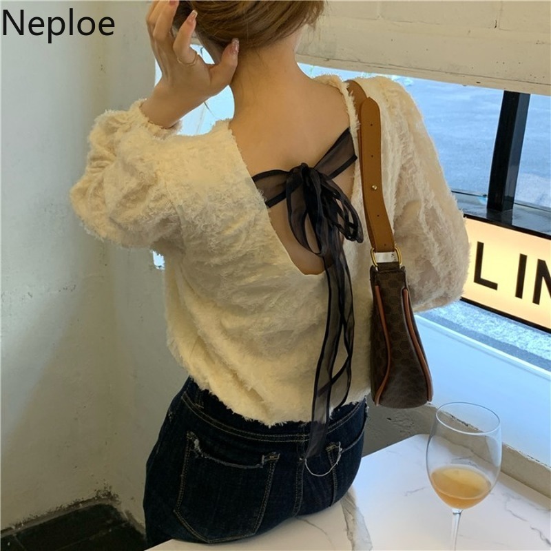 Neploe Blusas Mujer De Moda O-neck Backless Lace Up Blouse Women Korean Fashion Shirts Temperament Elegant Tops 94806 210422