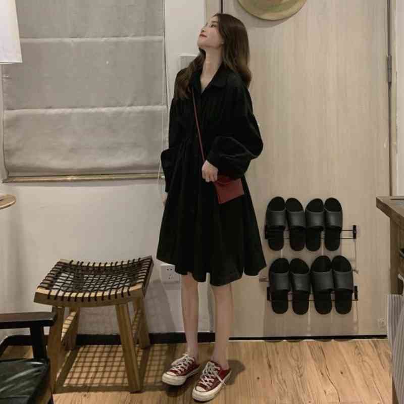 Dress Long Sleeve Preppy Style Solid Sweet Simple Elegant Pleated Stylish Womens Slim Daily Streetwear High Waist 819J 210420