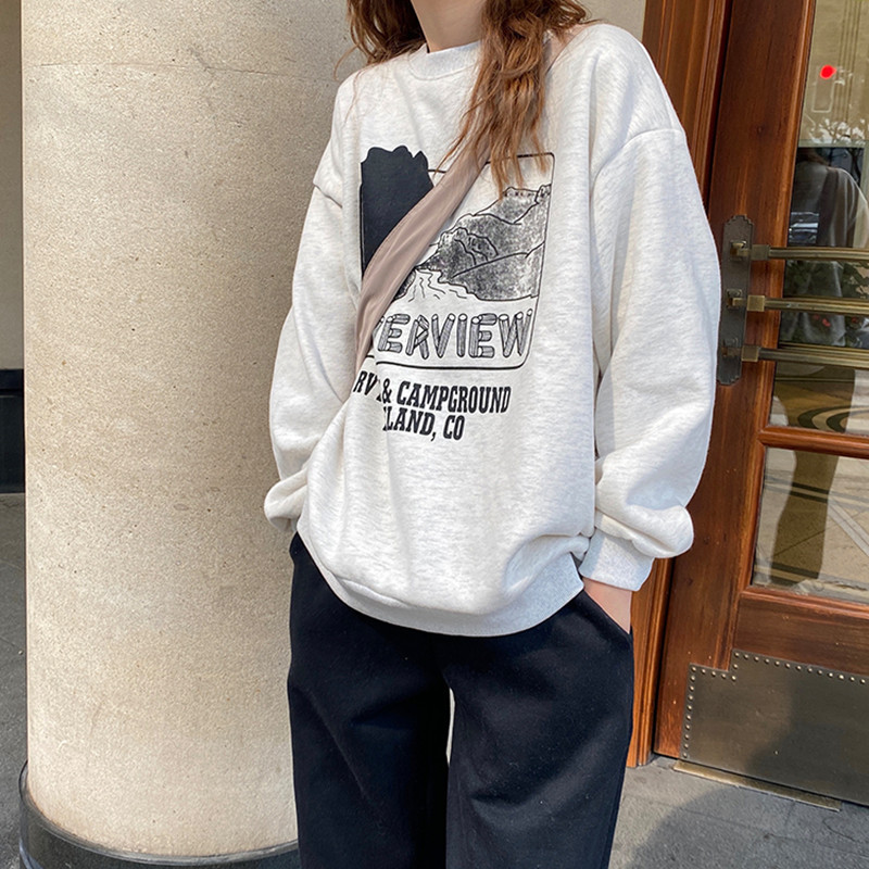 autumn winter korean style Women grey Sweatshirts Long Sleeve letter print thick Sweatshirt Womens pullovers (F4129) 210423