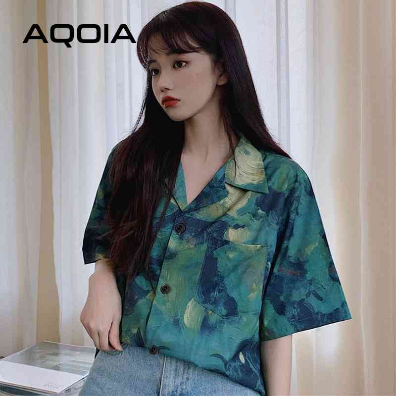 Summer Chic Korean style Tie dye Women Shirt Loose Short Sleeve Button Up Womens Blouses Plus Size Female Clothing 210521