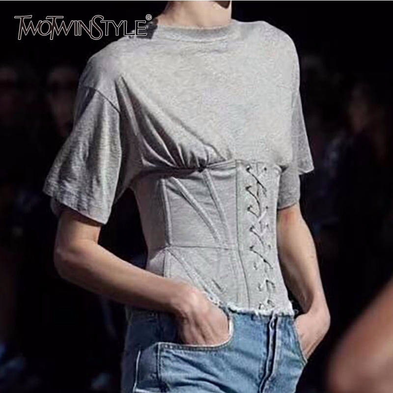 Casual Slim Women T Shirt O Neck Short Sleeve Tunic Bandage T-shirt For Female Fashion Clothing Spring Summer 210524, Gray 
Casual Slim Women T Shirt O Neck Short Sleeve Tunic Bandage T-shirt For Female Fashion Clothing Spring Summer 210524, Gray