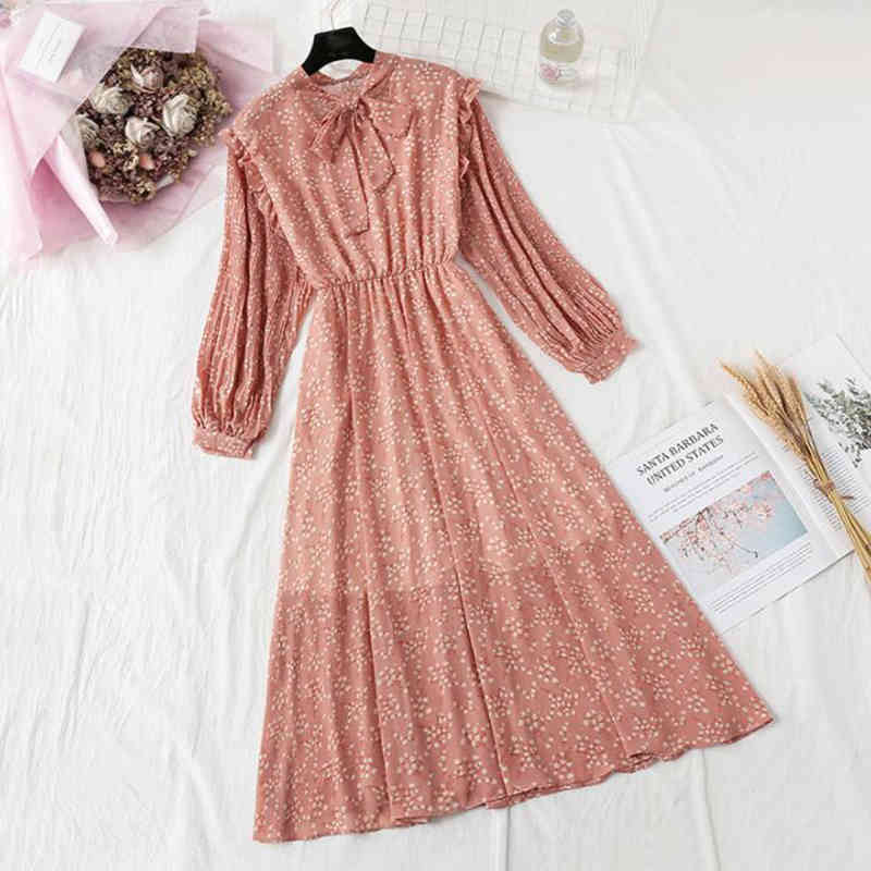 Autumn Elegant Women Chiffon Midi Dress Vintage Bow Floral Print Long Sleeve Dress Elastic Waist Office Lady Casual Dresses 210521
