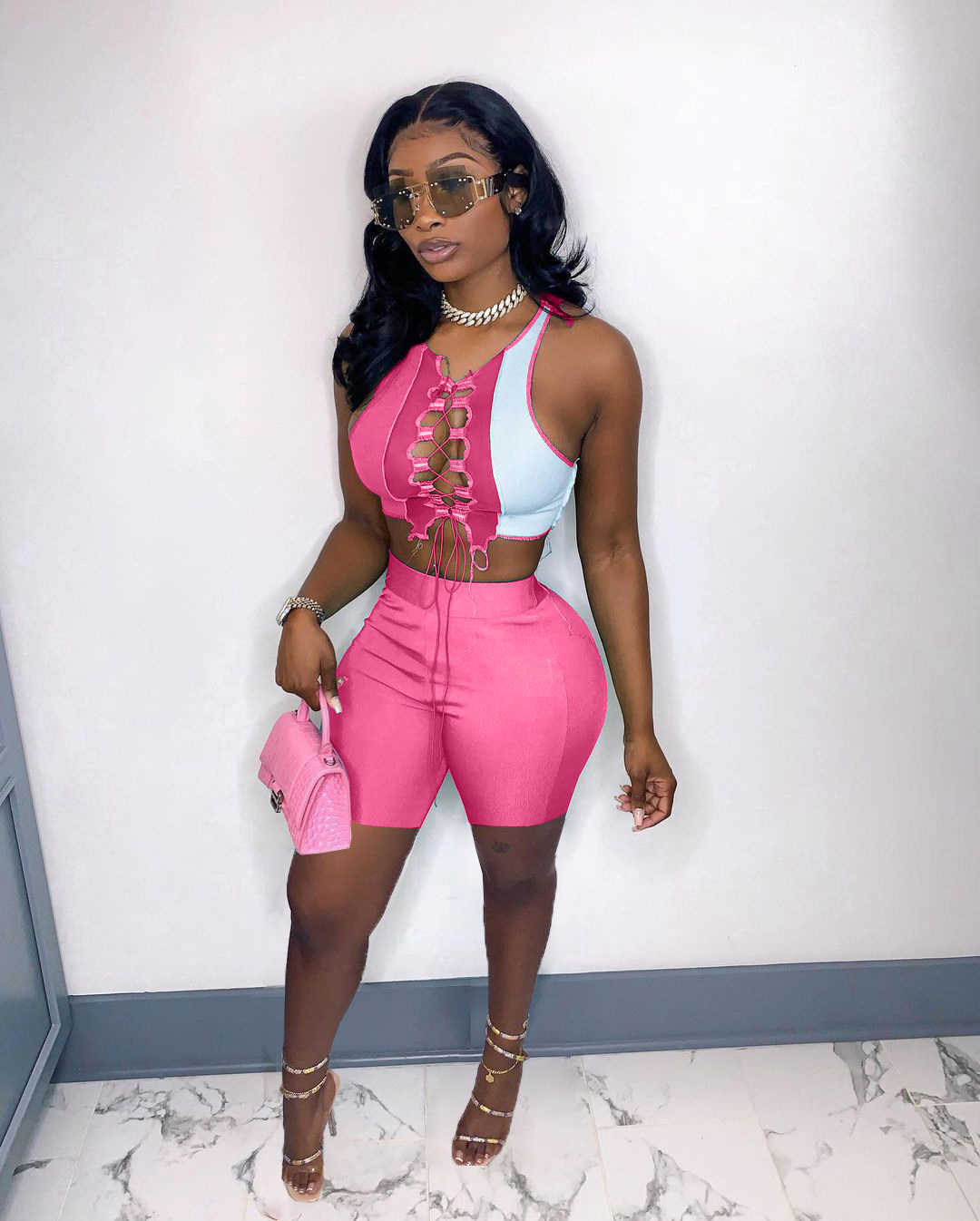 Women Designers Clothes 2023 tracksuits for summer sport suits color contrast splicing strap hollow out two piece suit