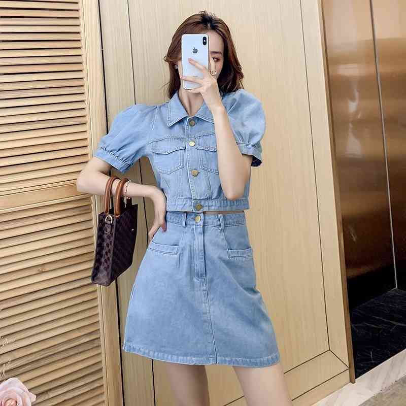 Arrival Korean Summer Two Piece Set Vintage Denim Lapel Puff Sleeve Tops + A-Line Mini Skirt Suits For Woman 210519