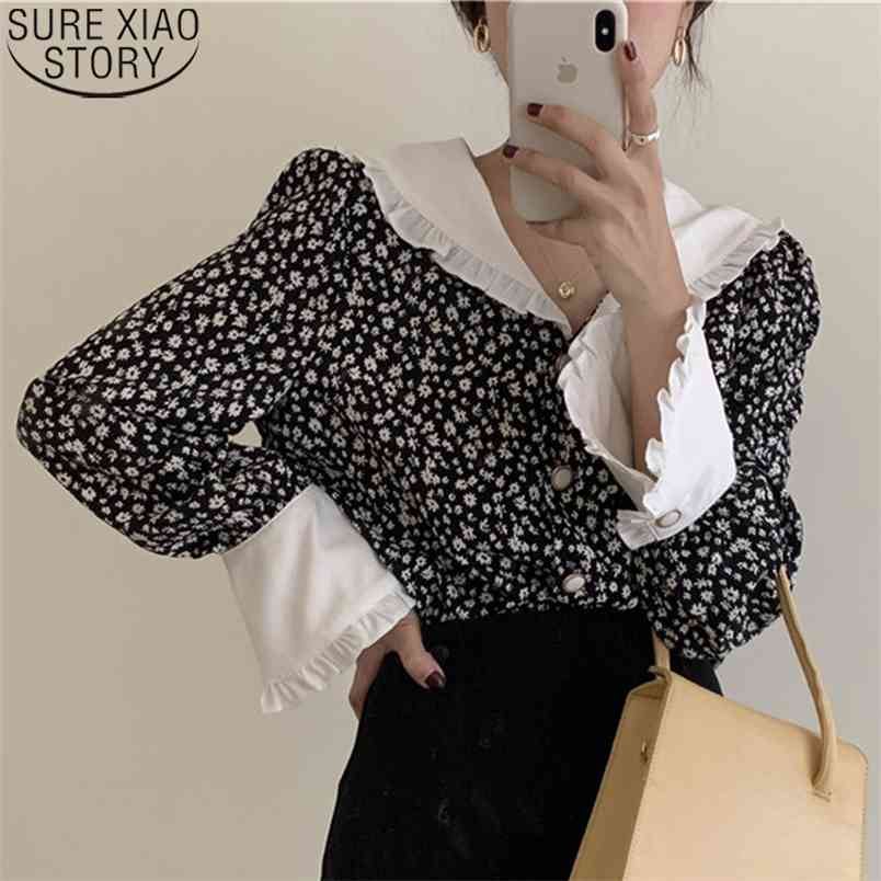 Ruffles Vintage Fashion Floral Print Shirts Women Blouse Flare Long Sleeve Elegant Loose Casual Sweet Clothes Blusas 10172 210506