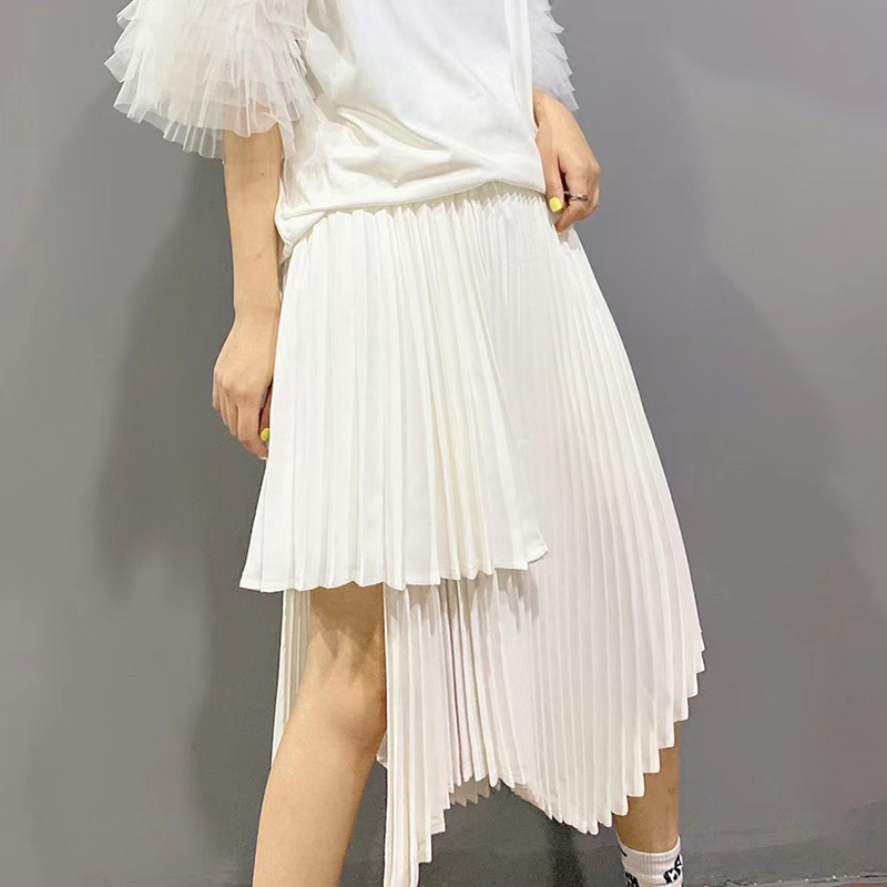 Asymmetrical Pleated Skirt For Women High Waist Irregular Hem Black Skirts Female Fashion Clothing 210521