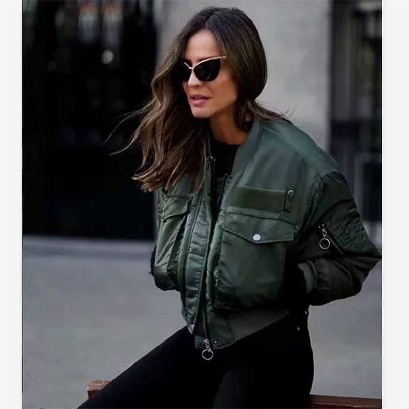 Autumn Bomber Jacket Women Army Green Warm Zipper Pockets Winter Coat Female Parkas Femme Chaqueta Mujer 211014