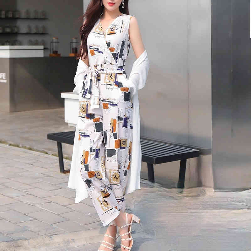 Women Retro Chiffon Wide Leg Pants Spring Summer Bodysuits Female Slim Printed Lace Up V-neck Vest Oversize Jumpsuits 210514