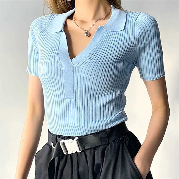 Solid Knitted Short Sleeve T-shirt for Women's Spring Summer Polo Collar Slim 210615Z