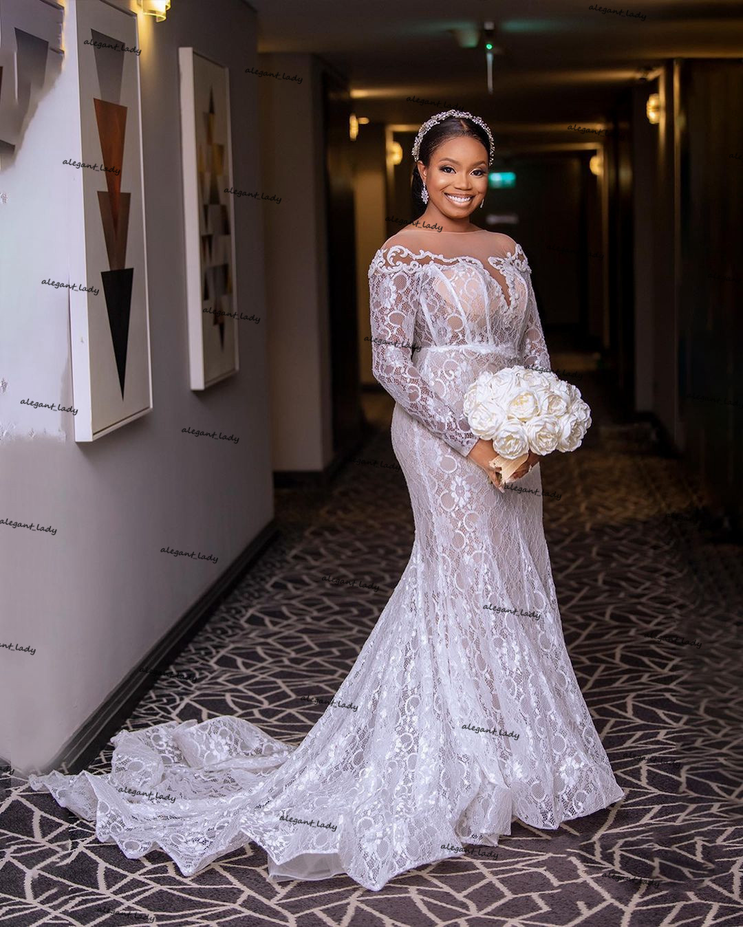 Aso Ebi arabic Wedding Dresses with Long Sleeve 2021 Full Lace Plus Size Champagne Lining African Mermaid Bridal Gowns Robes