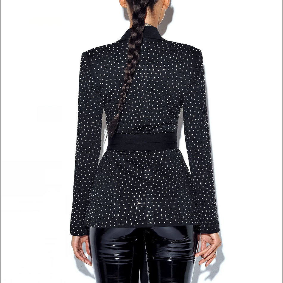 Free Autumn Arrival Diamond Shiny Blazer Black Women's Sexy Deep V Neck Long Sleeve Slim Lace-Up 210524