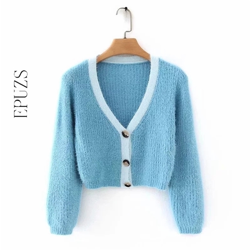 Vintage blue knitted cardigans women crop sweater korean fashion ladies tops casual warm spring 210521