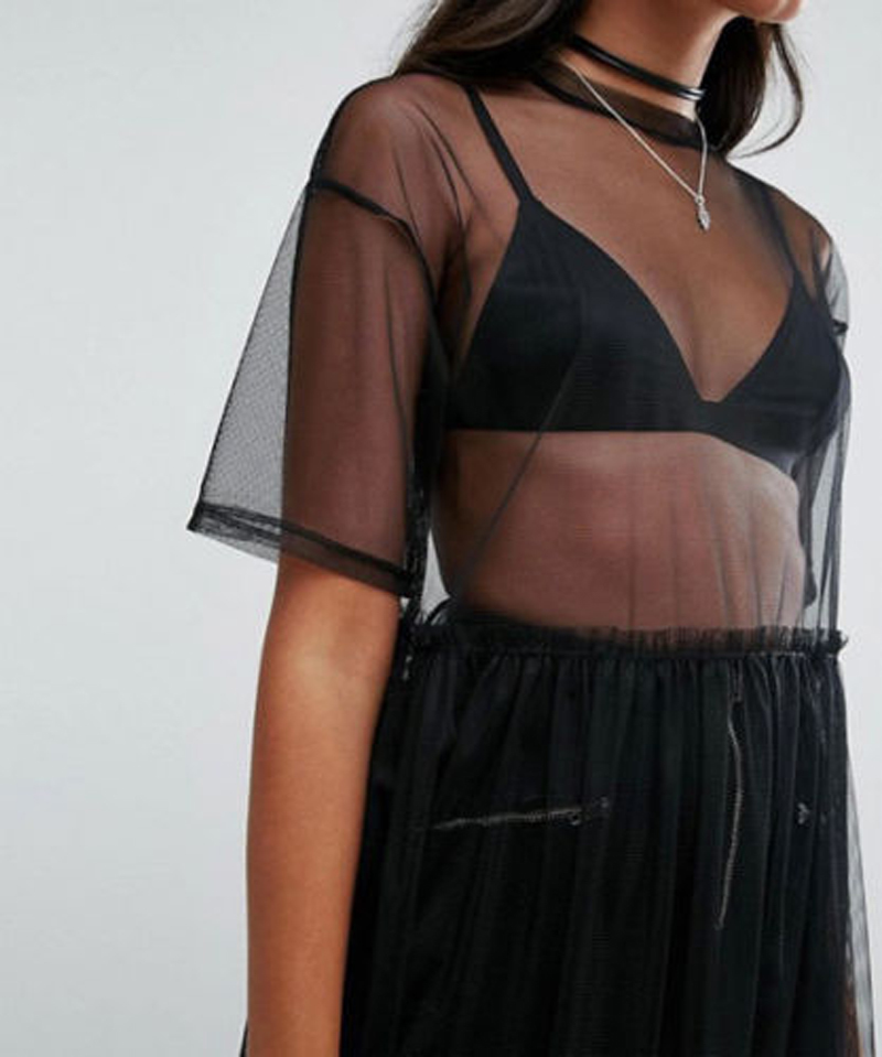 Women Dress Hollow Out Transparent Short Regular Sleeve Round Neck Solid Color High Waist See-through Loose Clothing 210522