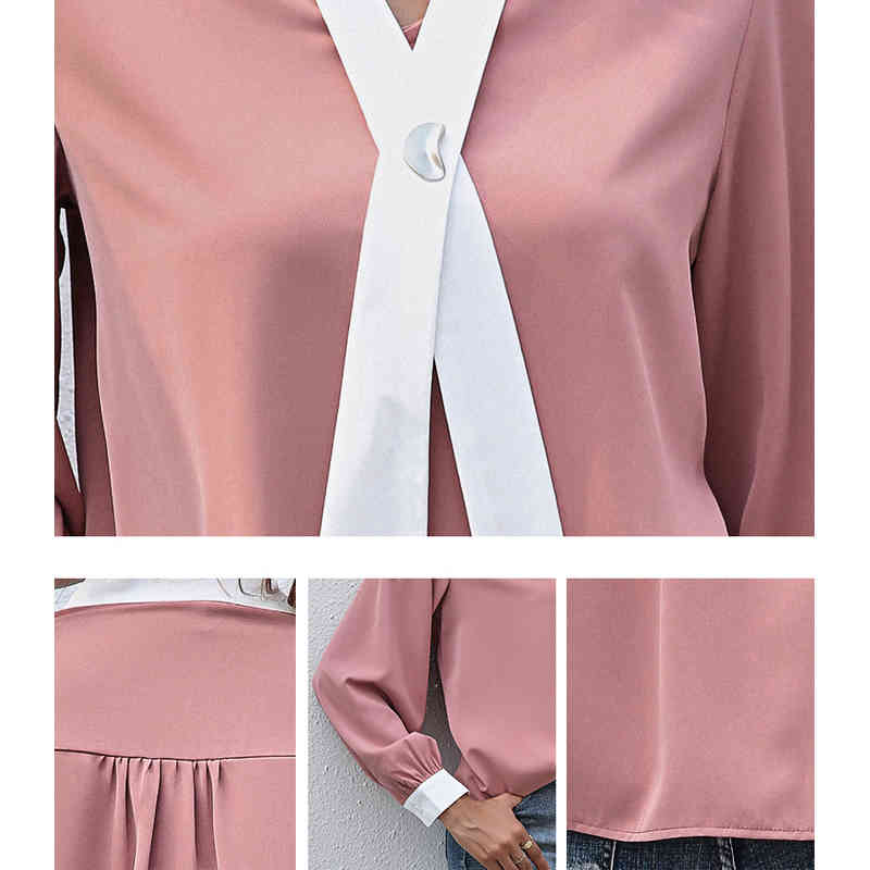 Elegant Chiffon Blouses Women Fashion Long Sleeve V-Neck Cross Bow Tie Patchwork Office Blouse Casual Loose Female Shirt Top 210522